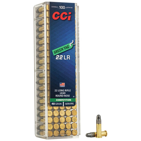 CCI Green Tag 22 Long Rifle Ammunition 40 Grain Lead Round Nose Box of 100