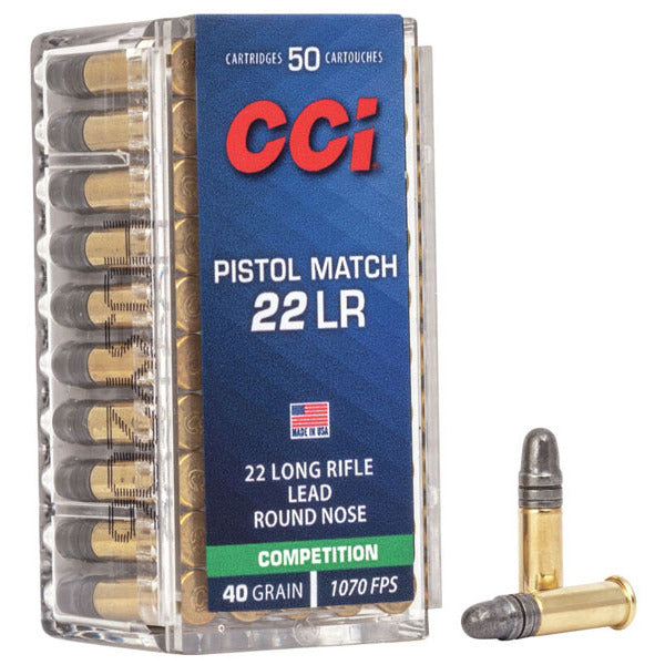 CCI Pistol Match 22 Long Rifle Ammunition 40 Grain Lead Round Nose Box of 50