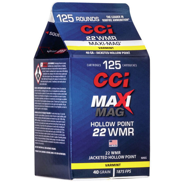 CCI Maxi Mag 22 WMR (Winchester Magnum Rimfire) Ammunition 40 Grain Jacketed Hollow Point Box of 125