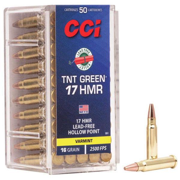 CCI TNT Green 17 Hornady Magnum Rimfire (HMR) Ammunition 16 Grain Hollow Point Box of 50