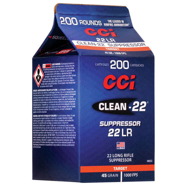 CCI Clean-22 Suppressor 22 Long Rifle Ammunition 45 Grain Lead Round Nose Box of 200