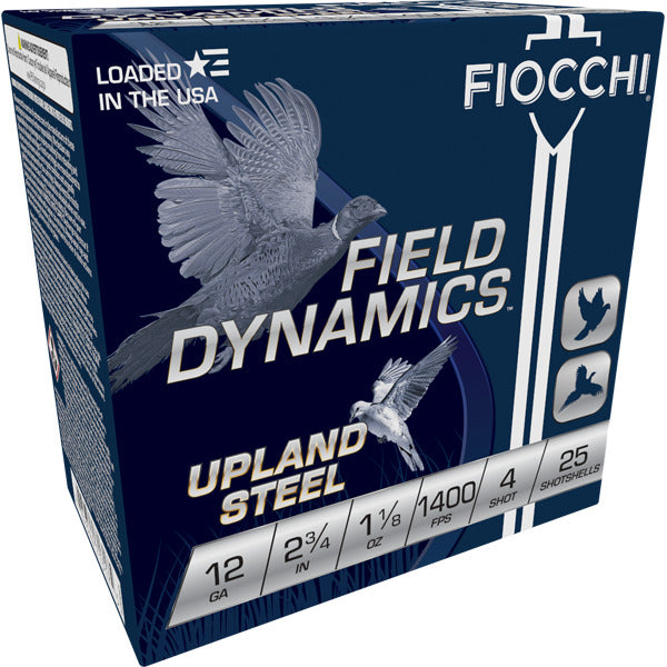 Fiocchi Field Dynamics Upland 12 Gauge Ammunition 2-3/4" #4 1-1/8 oz 1400 fps Steel Steel Shot Box of 25