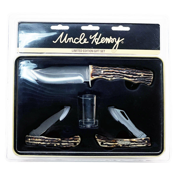 Uncle Henry 3 Knife Set 4" with Shot Glass