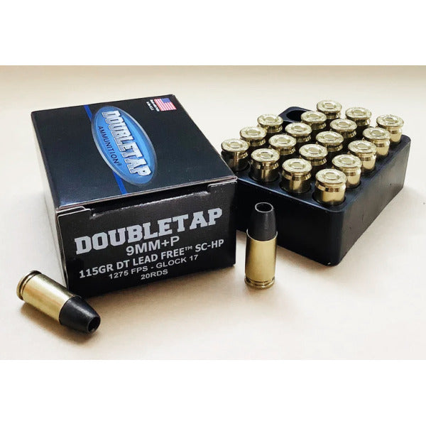 DoubleTap 9mm Luger +P Ammunition 115 Grain Solid Hollow Point Box of 20