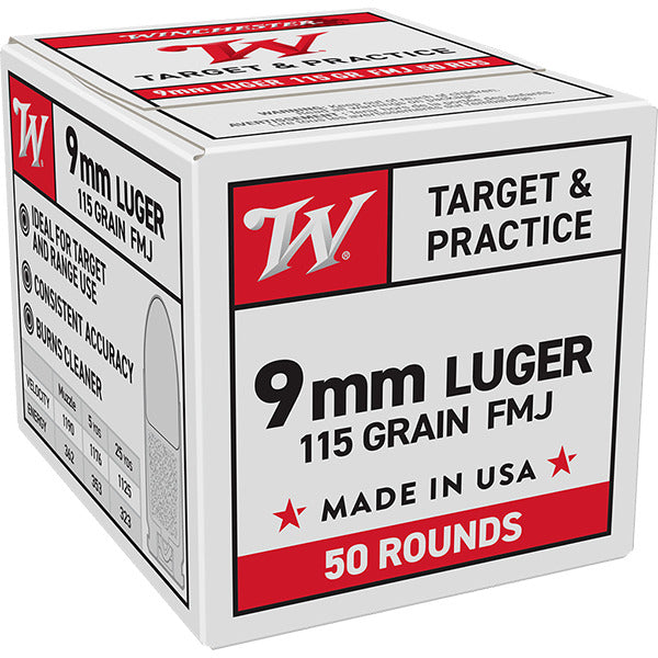 Winchester Target & Practice 9mm Luger Ammunition 115 Grain Full Metal Jacket Box of 50