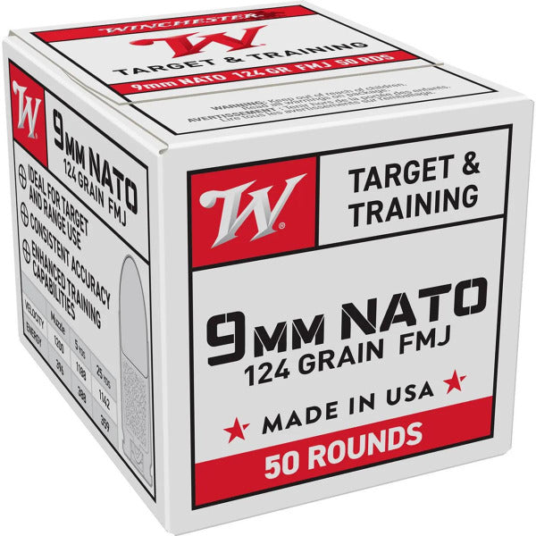 Winchester White Box 9mm NATO Ammunition 124 Grain Full Metal Jacket Box of 50