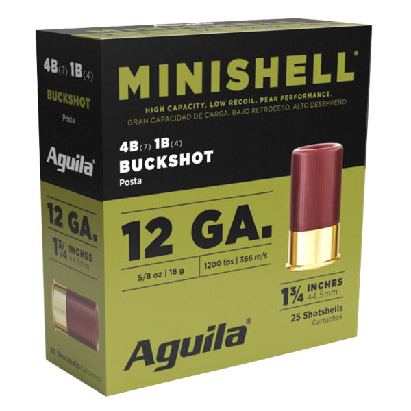 Aguila Minishell 12 Gauge Ammunition 1-3/4" #4 (7 Pellets), 1 (4 Pellets) 5/8 oz 1200 fps Buckshot Box of 25