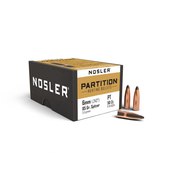 Nosler Partition 243 Caliber, 6mm (.243 Diameter) Bullets 85 grain Spitzer Box of 50