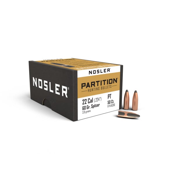 Nosler Partition 22 Caliber (.224 Diameter) Bullets 60 grain Spitzer Box of 50