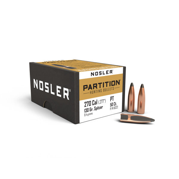 Nosler Partition 277 Caliber, 6.8mm (.277 Diameter) Bullets 130 grain Spitzer Box of 50