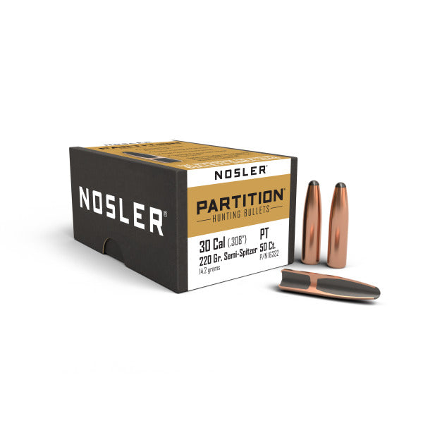 Nosler Partition 30 Caliber (.308 Diameter) Bullets 220 grain Spitzer Box of 50