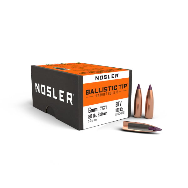 Nosler Ballistic Tip 243 Caliber, 6mm (.243 Diameter) Bullets 80 grain Polymer Tip Box of 100