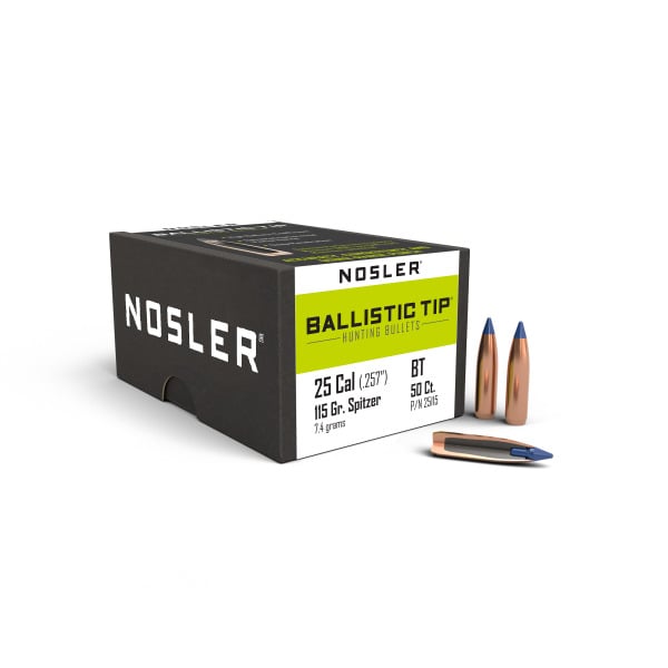 Nosler Ballistic Tip 25 Caliber (.257 Diameter) Bullets 115 grain Polymer Tip Box of 50