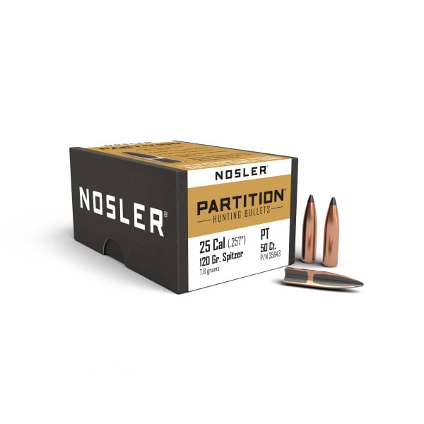 Nosler Partition 25 Caliber (.257 Diameter) Bullets 120 grain Spitzer Box of 50