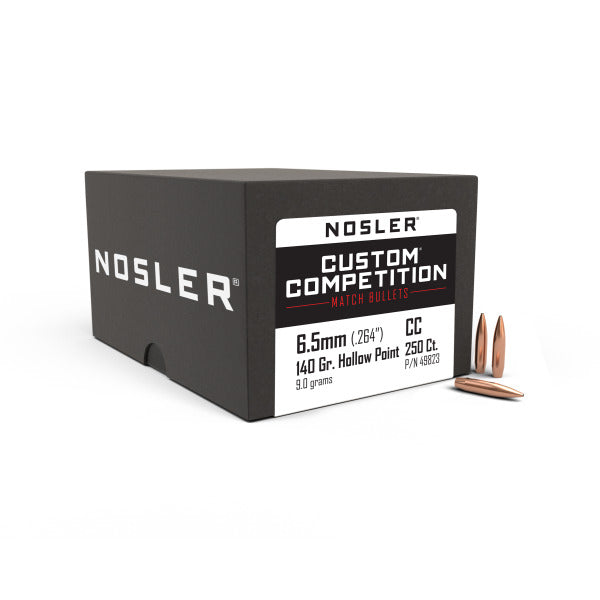 Nosler Custom Competition 264 Caliber, 6.5mm (.264 Diameter) Bullets 140 grain Boat Tail Hollow Point Box of 250