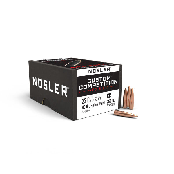 Nosler Custom Competition 22 Caliber (.224 Diameter) Bullets 80 grain Boat Tail Hollow Point Box of 250
