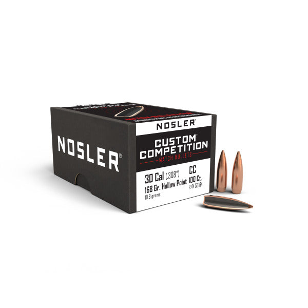 Nosler Custom Competition 30 Caliber (.308 Diameter) Bullets 168 grain Boat Tail Hollow Point Box of 100