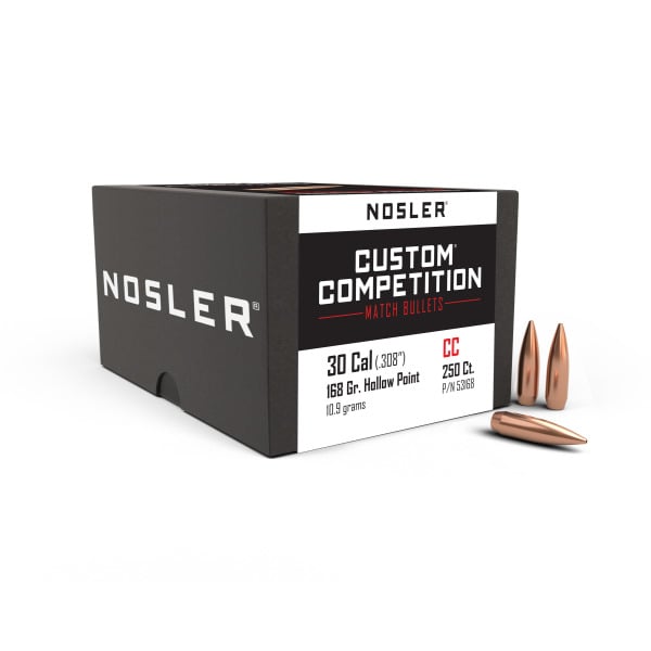 Nosler Custom Competition 30 Caliber (.308 Diameter) Bullets 168 grain Boat Tail Hollow Point Box of 250