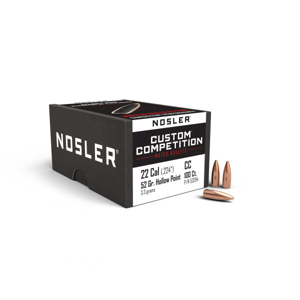 Nosler Custom Competition 22 Caliber (.224 Diameter) Bullets 52 grain Boat Tail Hollow Point Box of 100