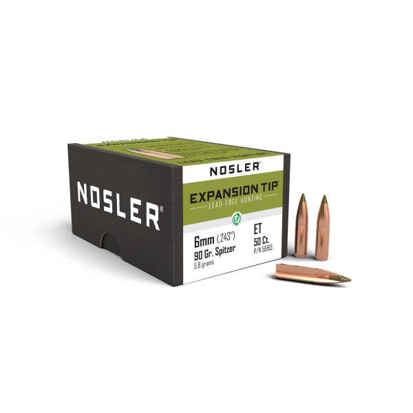 Nosler E-Tip 243 Caliber, 6mm (.243 Diameter) Bullets 90 grain Polymer Tip Box of 50