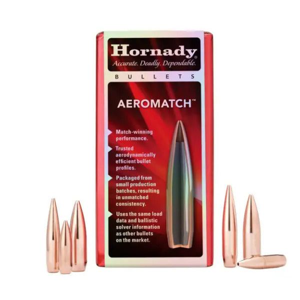 Hornady AeroMatch 30 Caliber (.308 Diameter) Bullets 168 grain Boat Tail Hollow Point Box of 100