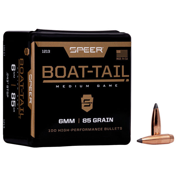 Speer 243 Caliber, 6mm (.243 Diameter) Bullets 85 grain Spitzer Boat Tail Box of 100