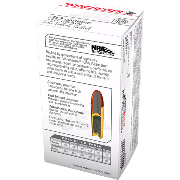 Winchester White Box 30 M1 Carbine Ammunition 110 Grain Full Metal Jacket Box of 50