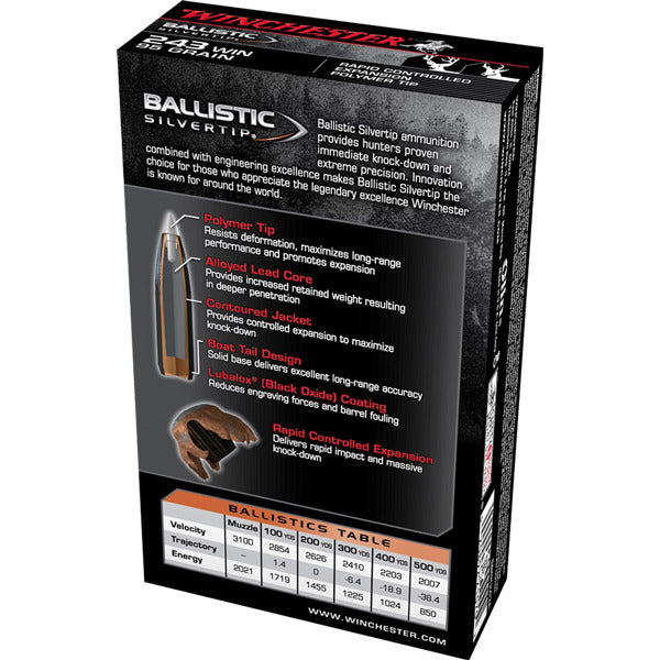 Winchester 243 Winchester Ammunition 95 Grain Ballistic Silvertip Polymer Tip Box of 20