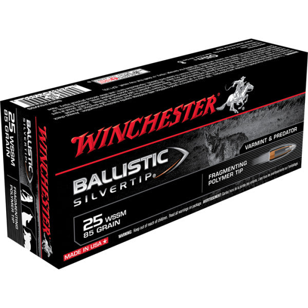 Winchester Varmint 25 WSSM (Winchester Super Short Magnum) Ammunition 85 Grain Ballistic Silvertip Polymer Tip Box of 20