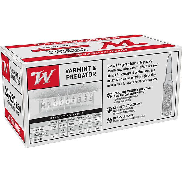 Winchester White Box 22-250 Remington Ammunition 45 Grain Jacketed Hollow Point Box of 40