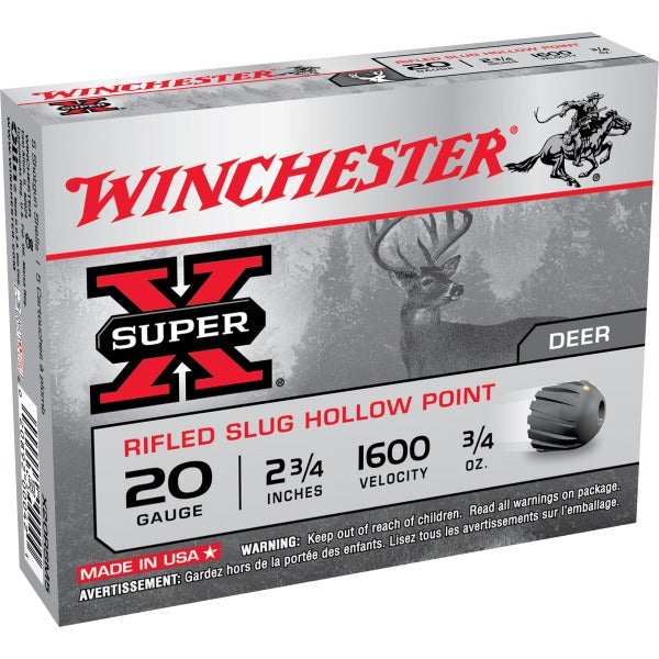 Winchester Super-X 20 Gauge Ammunition 2-3/4" 3/4 oz 1600 fps Rifled Slug Box of 5