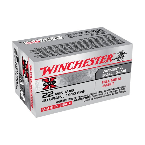 Winchester Super-X 22 WMR (Winchester Magnum Rimfire) Ammunition 40 Grain Full Metal Jacket Box of 50