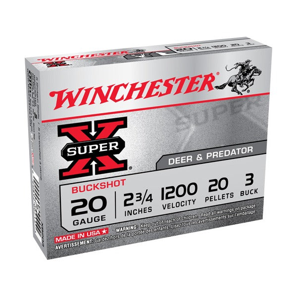 Winchester Super-X 20 Gauge Ammunition 2-3/4" #3 1200 fps Buckshot Box of 5