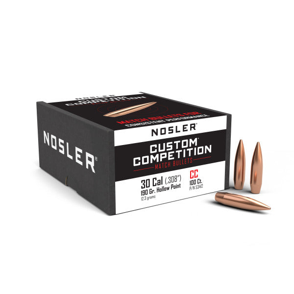 Nosler Custom Competition 30 Caliber (.308 Diameter) Bullets 190 grain Boat Tail Hollow Point Box of 100