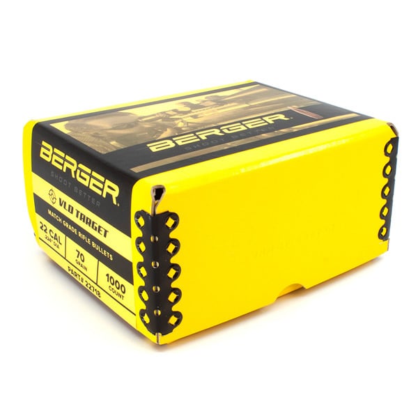 Berger VLD Target 22 Caliber (.224 Diameter) Bullets 70 grain Boat Tail Hollow Point Box of 1000
