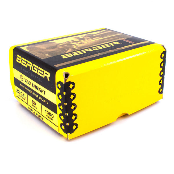 Berger VLD Target 22 Caliber (.224 Diameter) Bullets 80 grain Boat Tail Hollow Point Box of 1000