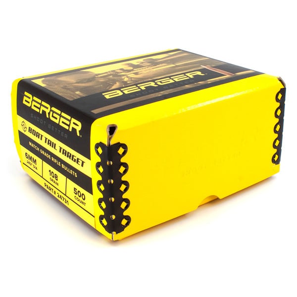Berger Target 243 Caliber, 6mm (.243 Diameter) Bullets 108 grain Boat Tail Hollow Point Box of 500