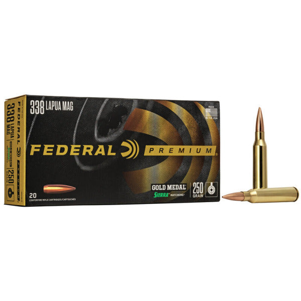 Federal Premium Gold Medal 338 Lapua Magnum Ammunition 250 Grain Sierra Matchking Boat Tail Hollow Point Box of 20
