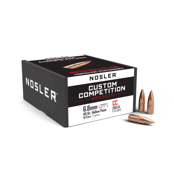 Nosler Custom Competition 277 Caliber, 6.8mm (.277 Diameter) Bullets 115 grain Boat Tail Hollow Point Box of 250