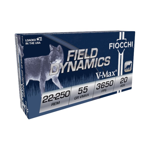 Fiocchi Field Dynamics 22-250 Remington Ammunition 55 Grain Hornady V-Max Polymer Tip Box of 20