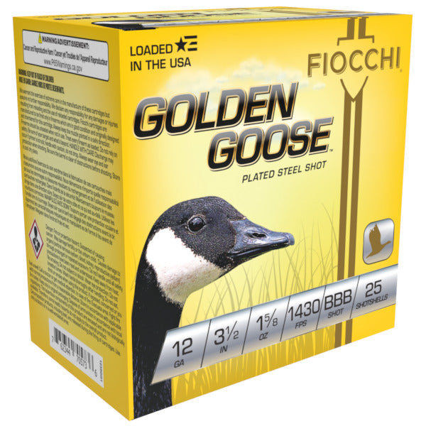 Fiocchi Golden Goose 12 Gauge Ammunition 3-1/2" #BBB 1-5/8 oz 1430 fps Zinc Plated Steel Steel Shot Box of 25