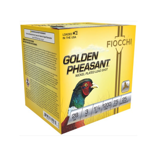 Fiocchi Golden Pheasant 28 Gauge Ammunition 3" #7.5 1-1/16 oz 1200 fps Nickel Plated Box of 25