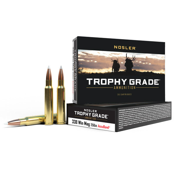 Nosler Trophy Grade 338 Winchester Magnum Ammunition 250 Grain AccuBond Polymer Tip Box of 20
