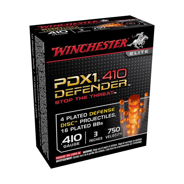 Winchester Defender 410 Bore Ammunition 3" #4 Plated Discs, 16 Plated BB 750 fps Plated Box of 10