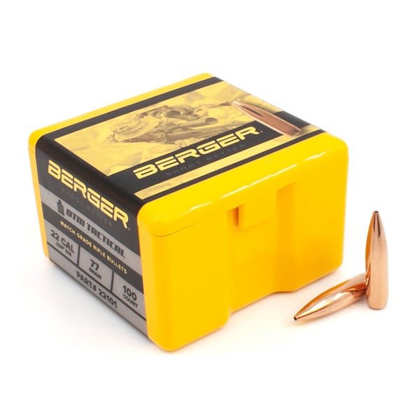 Berger Tactical 22 Caliber (.224 Diameter) Bullets 77 grain Boat Tail Hollow Point Box of 100