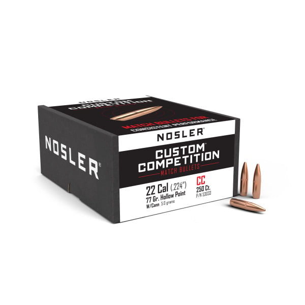 Nosler Custom Competition 22 Caliber (.224 Diameter) Bullets 77 grain Boat Tail Hollow Point with Cannelure Box of 250