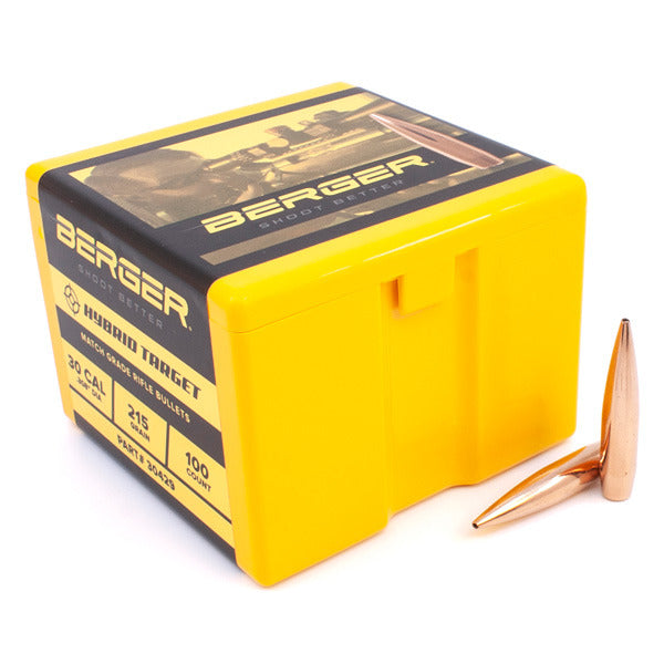 Berger Hybrid Target 30 Caliber (.308 Diameter) Bullets 215 grain Boat Tail Hollow Point Box of 100
