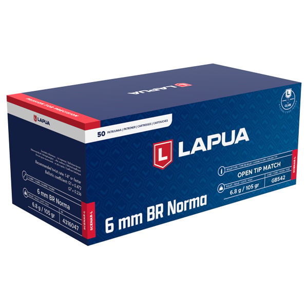 Lapua 6mm Norma BR Ammunition 105 Grain Scenar-L Open Tip Match Box of 50