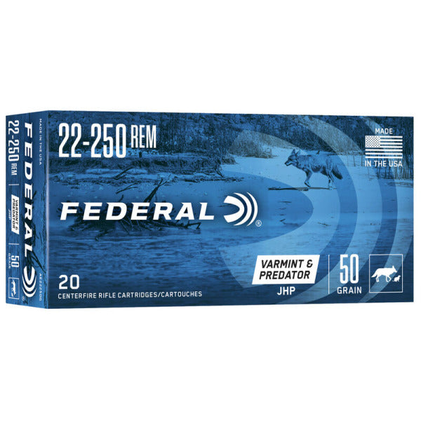 Federal Premium Varmint & Predator 22-250 Remington Ammunition 50 Grain Jacketed Hollow Point Box of 20