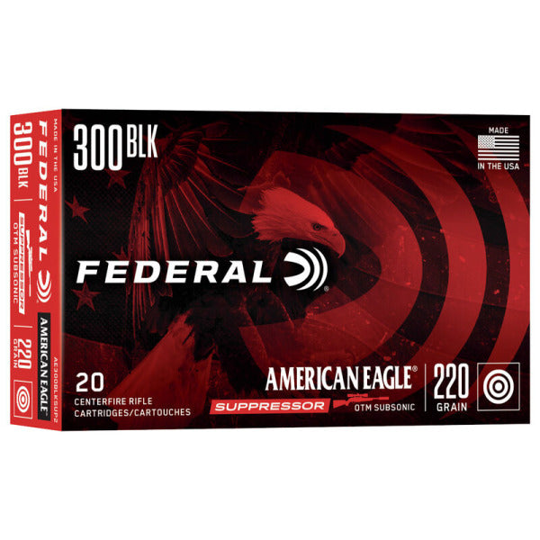 Federal Premium American Eagle Suppressor 300 AAC Blackout (7.62x35mm) Ammunition 220 Grain Open Tip Match Box of 20